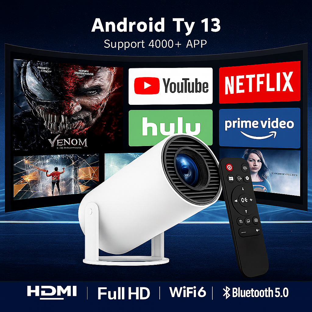 Pro Mini Portable Smart Projector with Android 13, Full HD, WiFi 6, Bluetooth 5.0, Built-in Apps for Netflix & YouTube – Works with Phone, Laptop, TV, HDMI, PS5